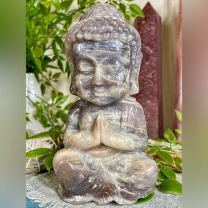 2387 Large Moonstone Crystal Buddha Carving with Blue Flash
